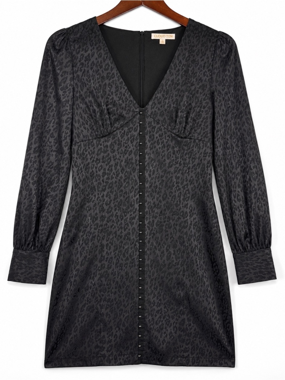 Cloud Ten Black Jacquard Leopard Mini Dress Puff Sleeve Lined S